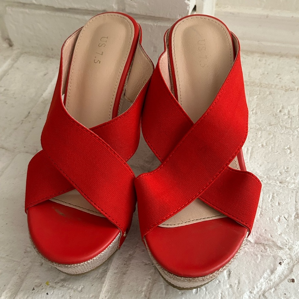 Red Cross-Strap Wedge Sandals for Women